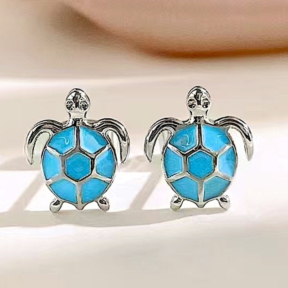 Sterling Silver Blue Turtle Stud Earrings - Picture 3 of 6